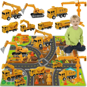 Jiakora Construction Vehicle Toy Truck w/Play Mat Road Signs, Dump Trucks, Excavator, Cement Mixer Trucks, Crane