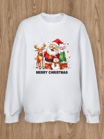 Women Basic Casual Pullover Spring Autumn Long Sleeve Santa Claus with Little Elk Snowman Printed Round Neck (Color: White, size: XL)